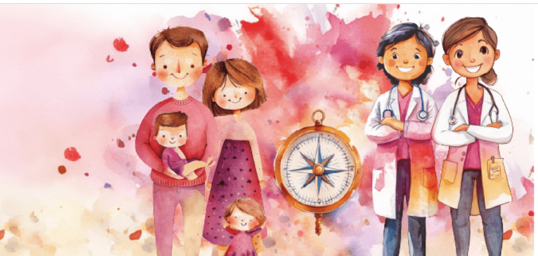 Çocuk doktorları ve çocuklu bir aile bir arada